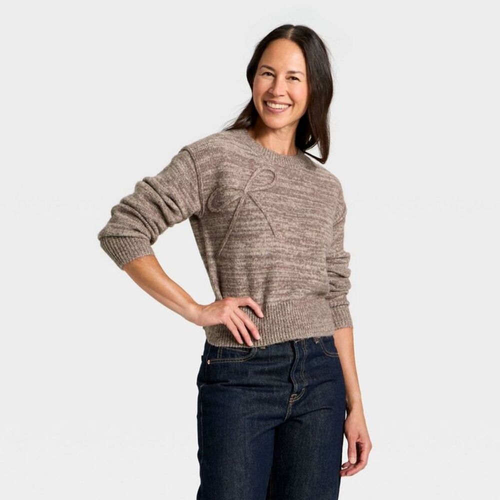 Women's Holiday Crewneck Pullover Sweater - Universal Thread Brown Bow M